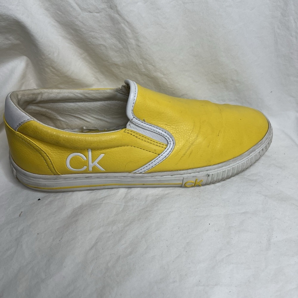 Calvin Klein Yellow White Leather Slip-On Men's Casual Shoes Logo Accent Size 9